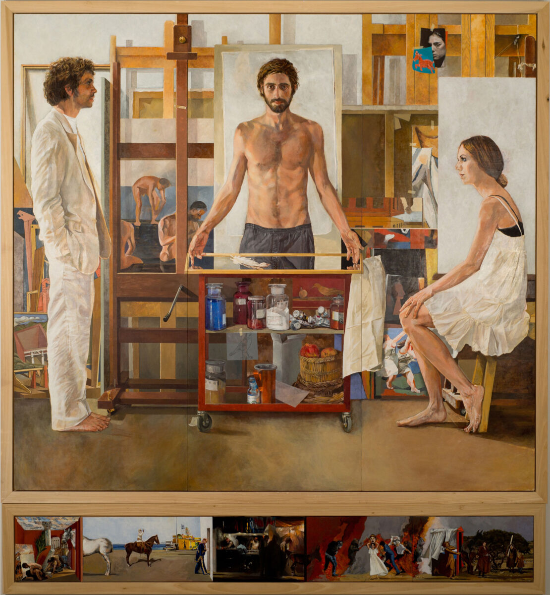 Αλέκος Λεβίδης, «Μοντέλα στο ατελιέ»,  250x240 εκ., μικτή τεχνική σε ξύλο, 2010-2013, Συλλογή Σ. Φέλιου. Πηγή εικόνας: Μουσείο Μπενάκη.